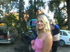Perky blond outside with a throbbing hard dick
